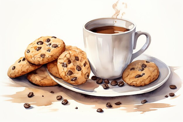 Vector cup of black coffee with chocolate chip cookies