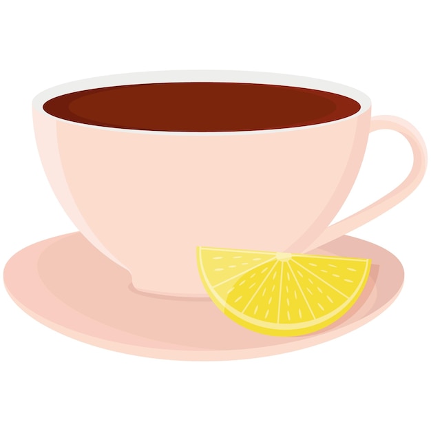 Чашка черного чая с блюдцем с лимоном на нем Изолированная иллюстрация на белом фоне