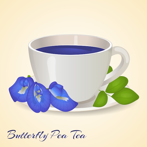 Tazza di tè blu con foglie e fiori di farfalla pisello