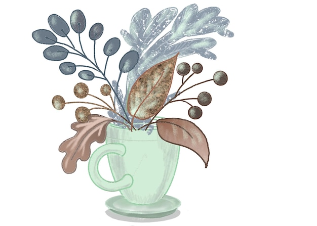 A cup and a bouquet of autumn leaves are drawn by hand separately on a white background. cozy