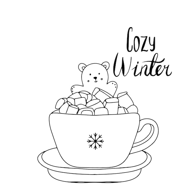 Cup of cacao with gingerbread cookie and marshmallows doodle hand drawn Lettering cozy winter