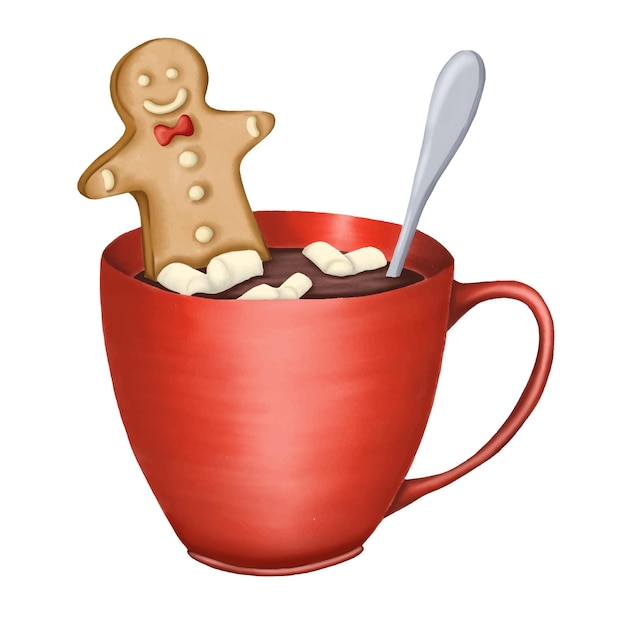 Cup of cacao with gingerbread cookie and marshmallows vector illustration