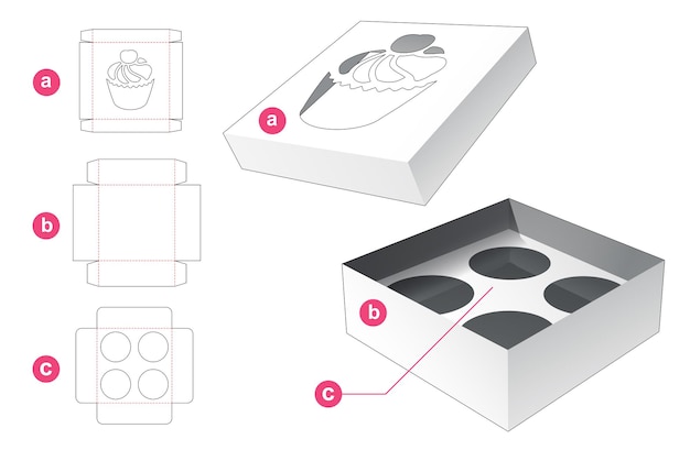 Cup cake box with lid and insert supporter die cut template