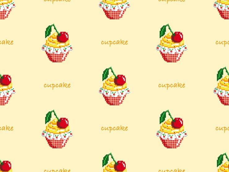 Vector cup cake cartoon character seamless pattern on yellow background pixel style