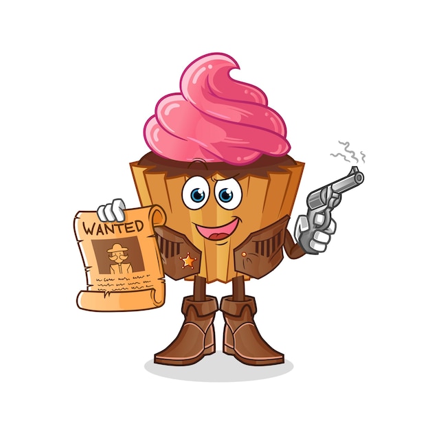 Cup cake cowboy holding gun and wanted poster