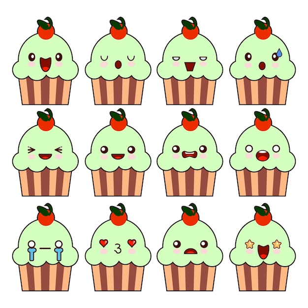 Vector cup cake kawaii character cartoon cute face happy smartphone cartoon character flat design vector illustration