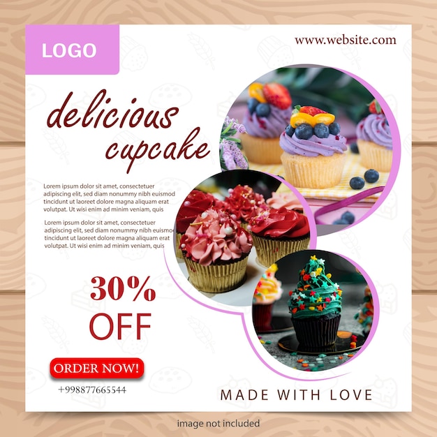 デジタルマーケティングのためのカップケーキショップポスターベクトルテンプレート
