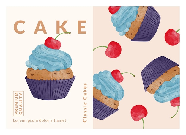 Cup Cakes verpakking ontwerpsjablonen, aquarel stijl vectorillustratie.