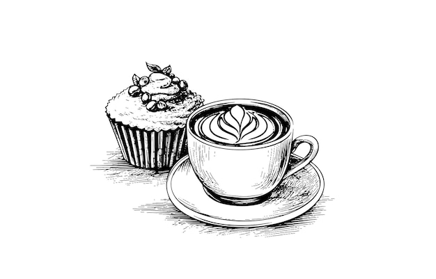 A cup of cappucino and cupcake on a saucer with a spoon Hand drawn vector engraving style