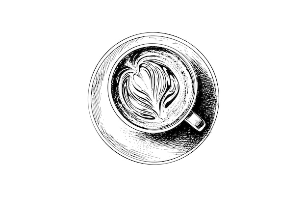 Vettore una tazza di cappuccino su un piatto con un cucchiaio illustrazioni in stile incisione vettoriale disegnate a mano