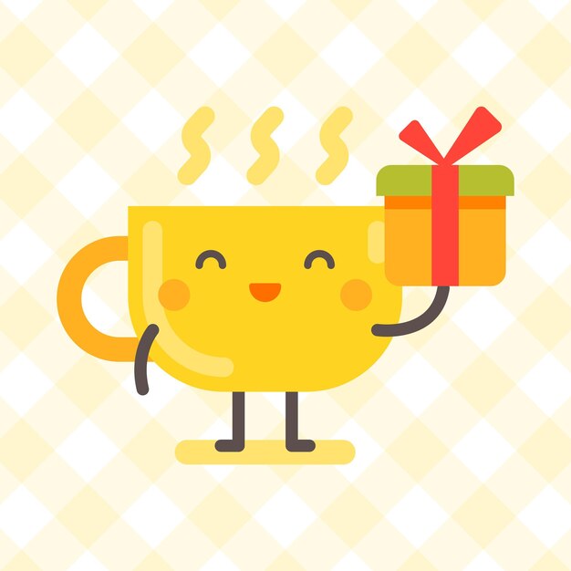 Cup character holding gift box and smiling Funny character