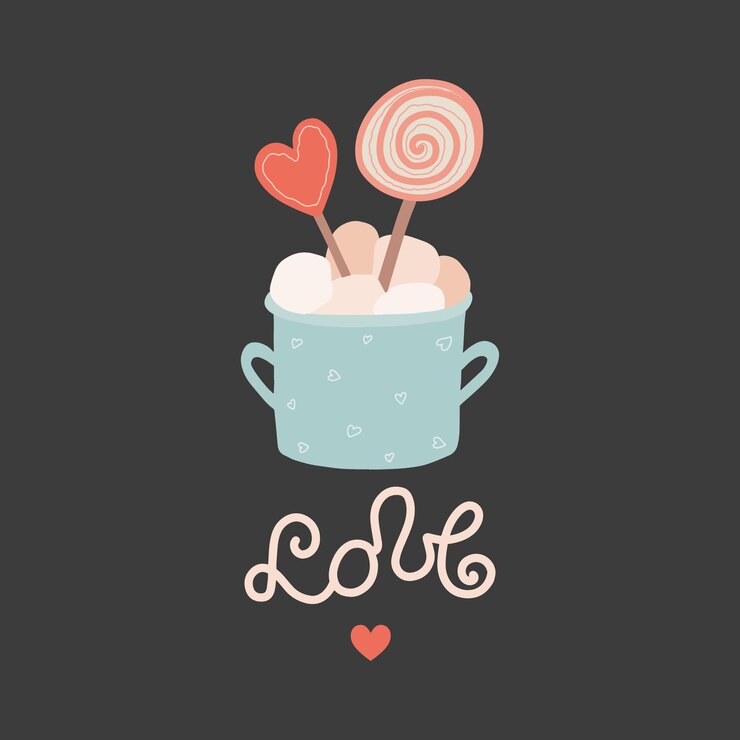 Vector cup of cocoa with marshmallows and lollipops. lettering love with a heart symbol.