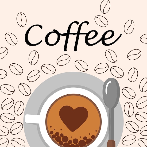 Cup of coffee and beans top view flat vector