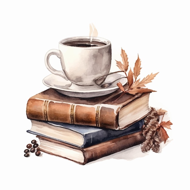 Cup of coffee on books with leaves watercolor