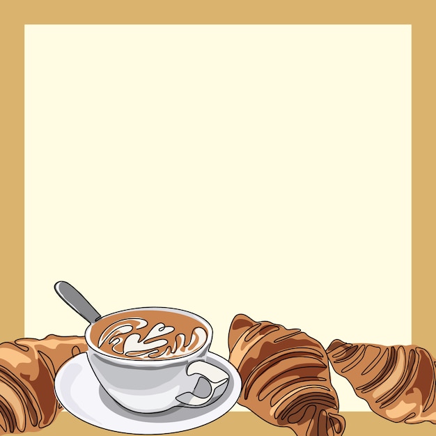 Vector cup of coffee or cappuccino with croissants