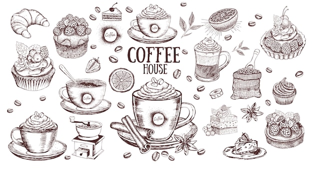 Tazza di caffè e chicchi di caffè sfondo vettoriale disegnato a mano in stile vintage