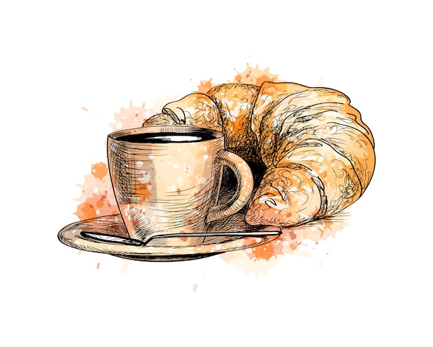 Vettore tazza di caffè e un croissant da una spruzzata di acquerello, schizzo disegnato a mano. illustrazione vettoriale di vernici