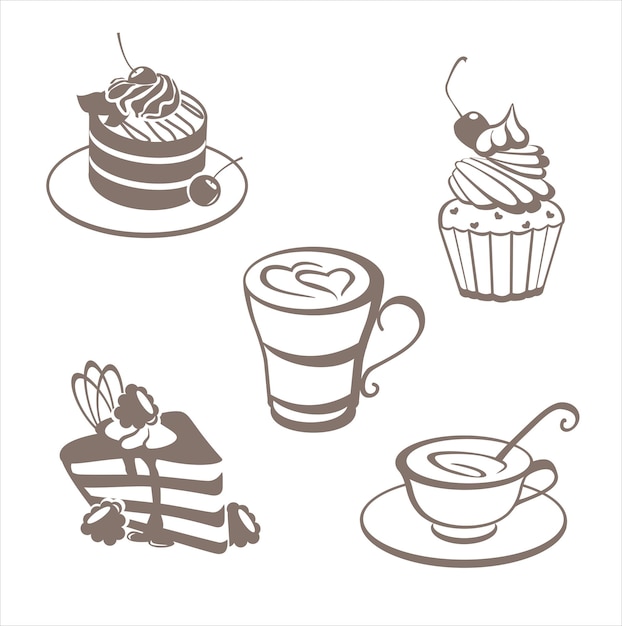 Logo dell'illustrazione della linea della tazza di caffè e del dessert per il vettore della caffetteria