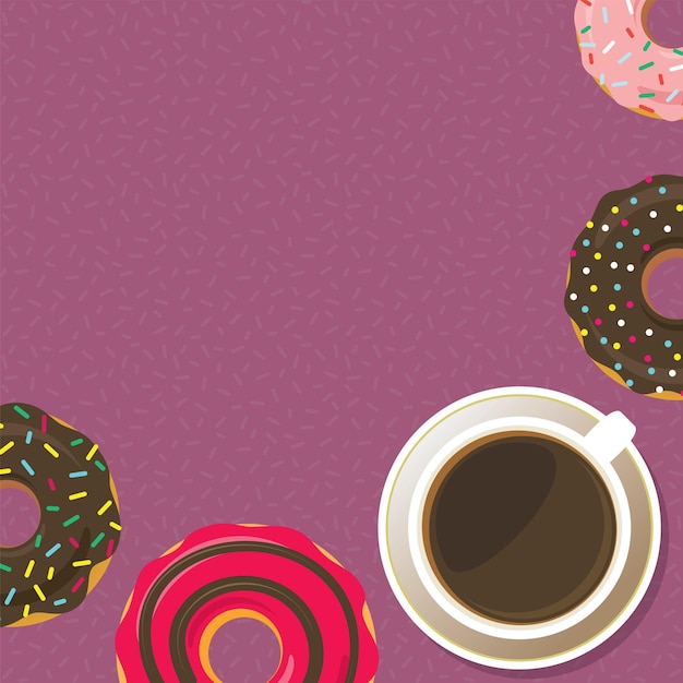 Чашка кофе и пончики в плоском стиле фона