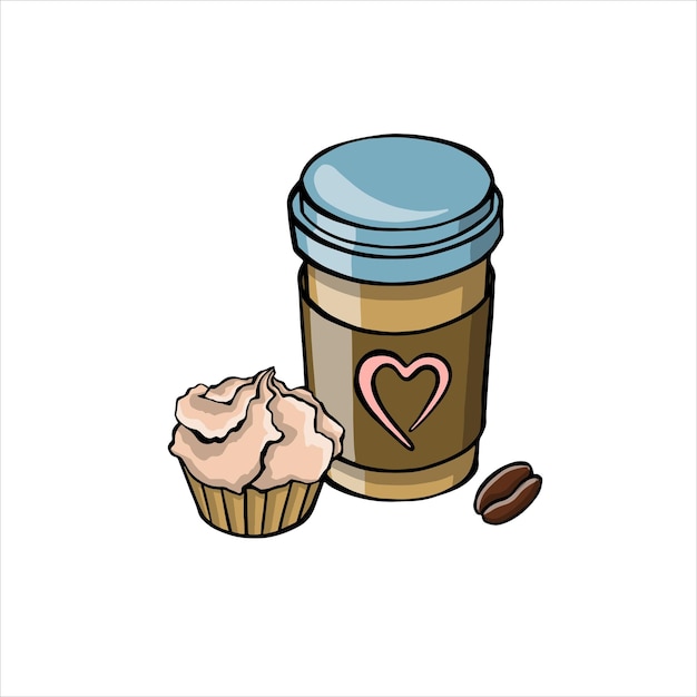 Cup of coffee to go and cupcake illustration