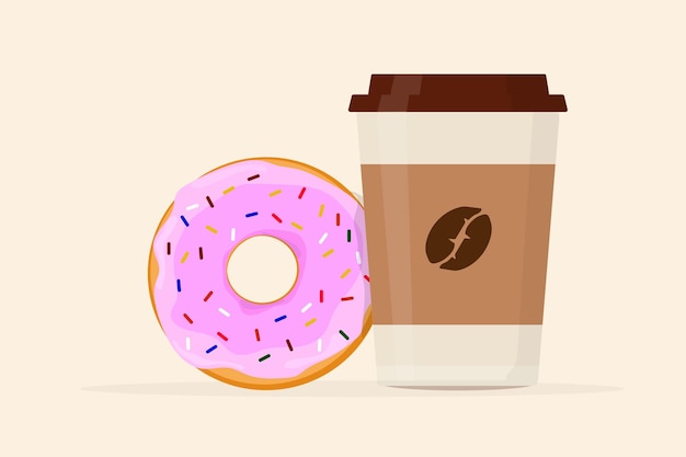 A cup of coffee in a paper cup with a lid and a donut