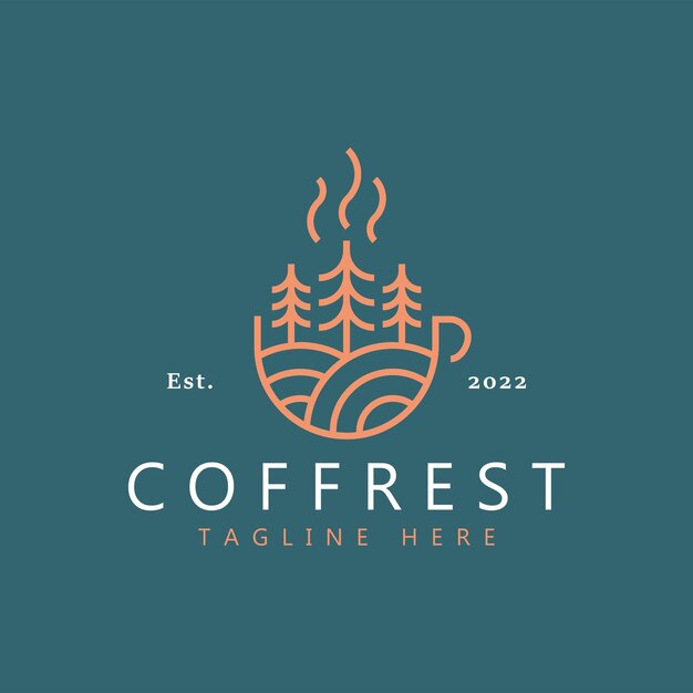 cup coffee  and pine tree illustration abstract natural logo for business beverage.