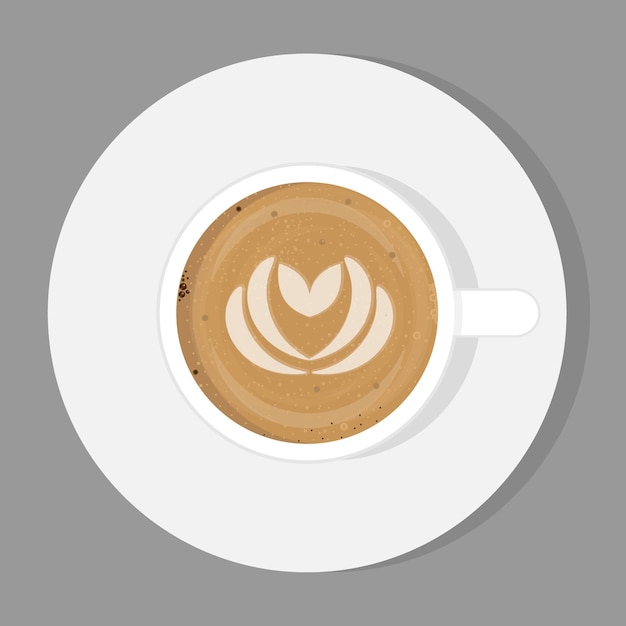 Vector cup of coffee and saucer top view realistic vector illustration cappuccino with drawing on foam