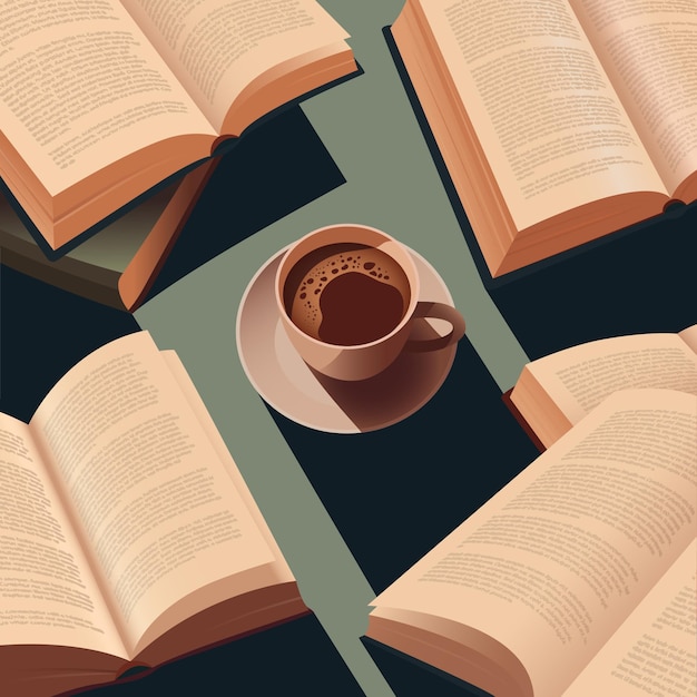 Vector a cup of coffee on the table with a pile of open books