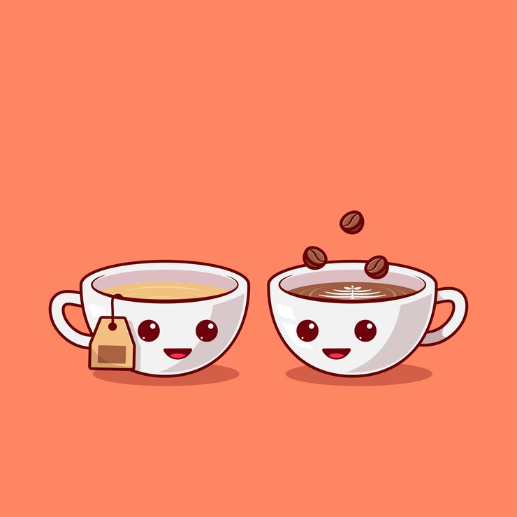 a cup of coffee and tea mascot talking to each other