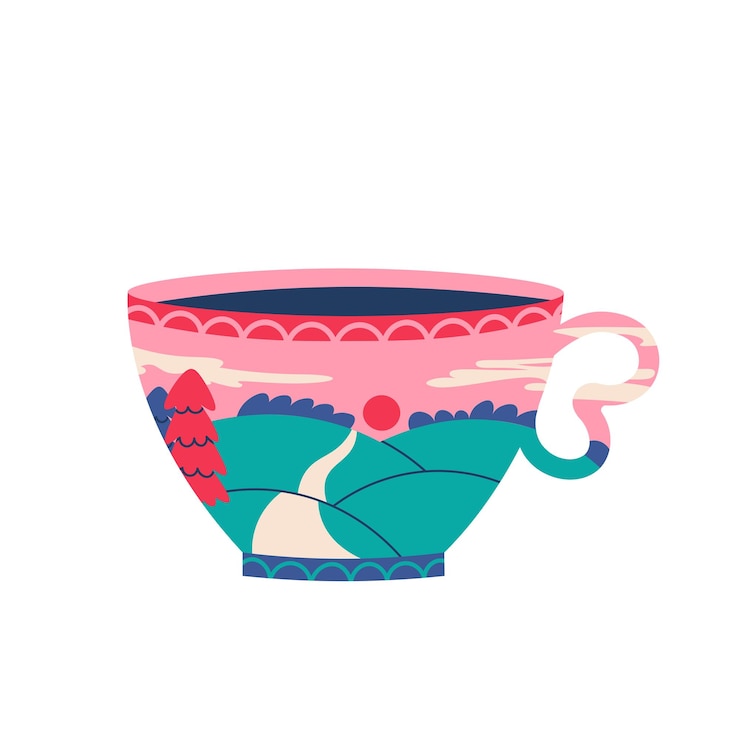 Vector cup of coffee or tea with landscape inside mountains hills sky and clouds vector trendy style isolated illustration