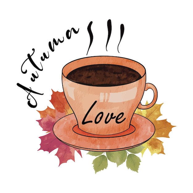 Vector cup of coffee with autumn leaves. hot coffee drink with leaves in the background.