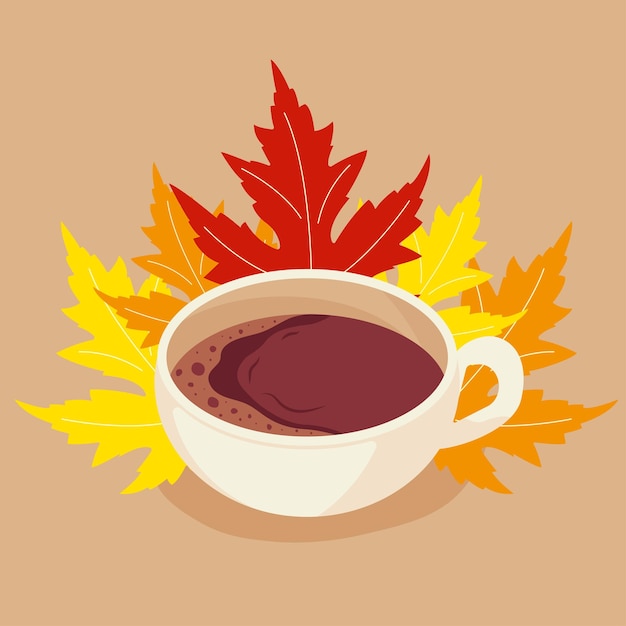 分離の背景にフラット スタイルの秋葉ベクトル イラストとコーヒーのカップ