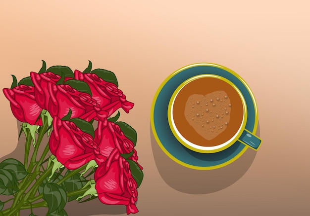 Vector a cup of coffee with beautiful red roses flat cartoon vector illustration