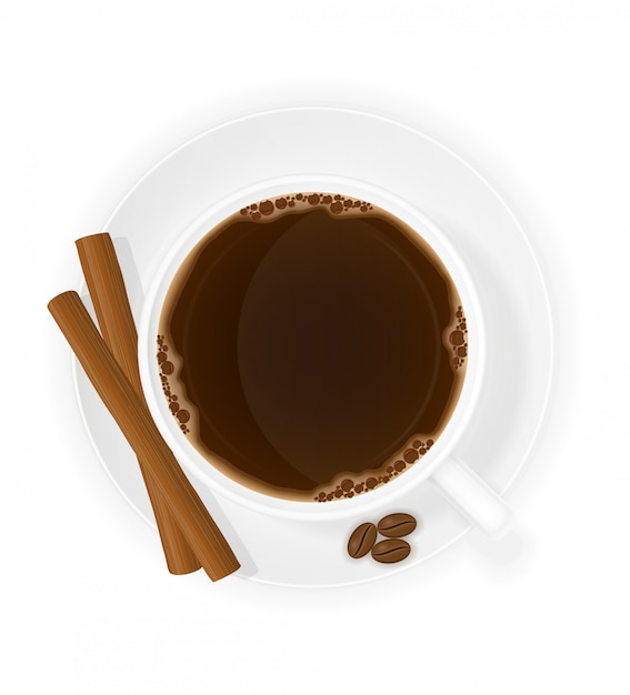 Cup of coffee with cinnamon sticks top view vector illustration