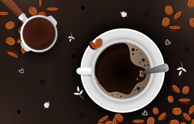 a cup of coffee with coffee beans and a cup of coffee