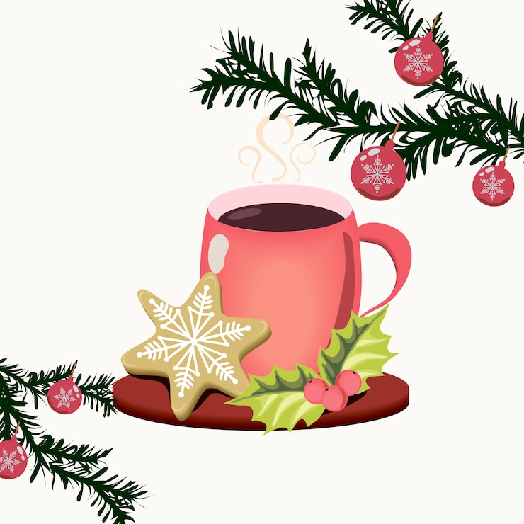 Vector a cup of coffee with a cookie and holly