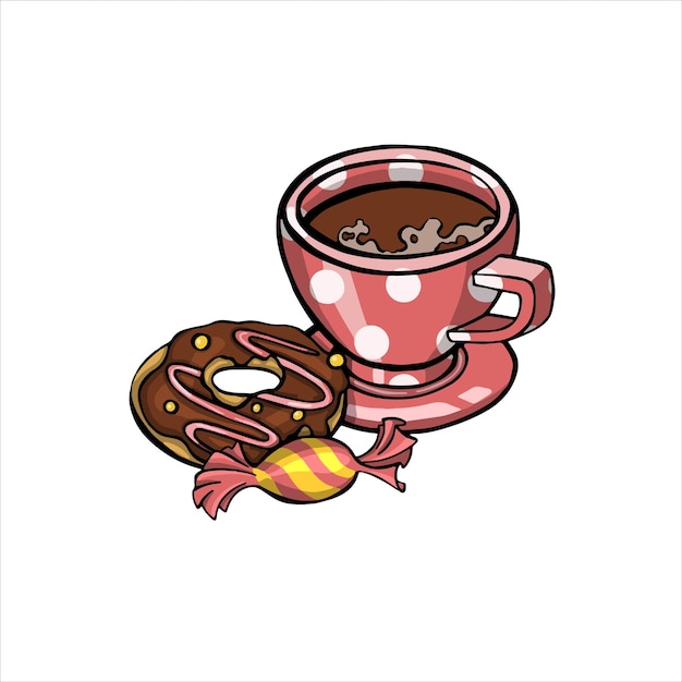 ドーナツとお菓子のイラストが入った一杯のコーヒー