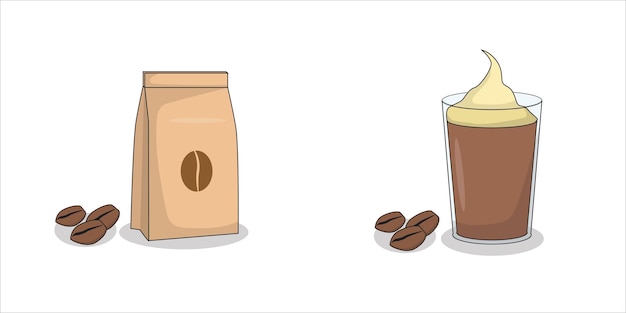 Vector a cup of coffee with ice cream and a pack of coffee ground illustration