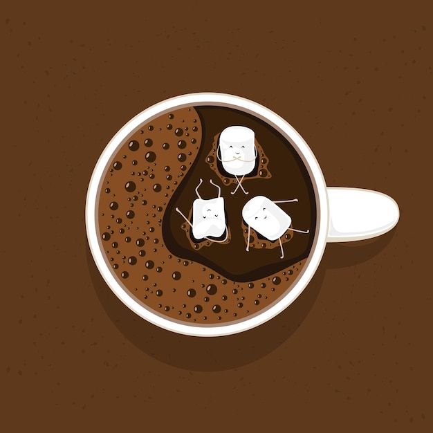 Tazza di caffè con piccoli marshmallow felici, illustrazione.