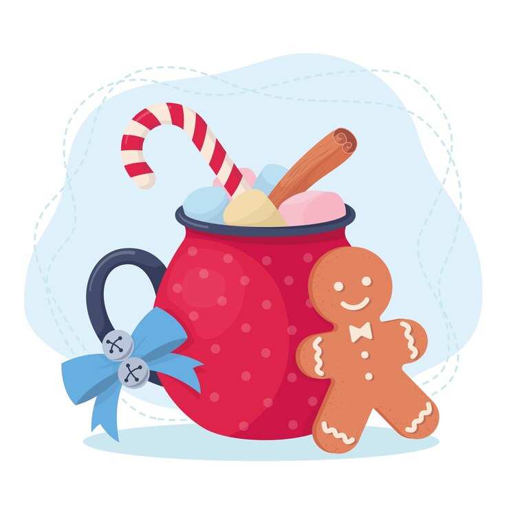 Vector cup of coffee with marshmallows the gingerbread man and the blue bow with bells christmas vector illustration