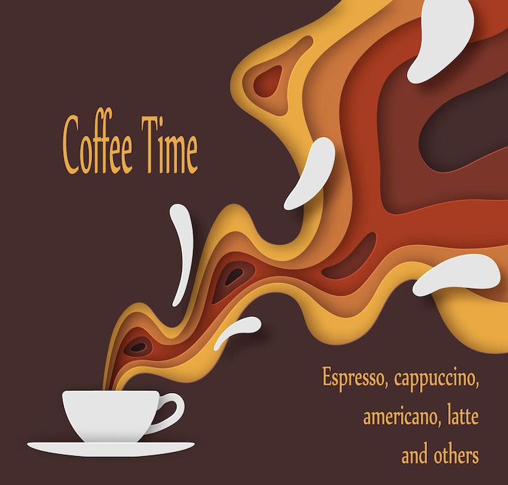 Vector a cup of coffee with outgoing waves with a pleasant aroma, in the form of a voluminous paper image with a shadow. for advertising signs, shops, cafes, restaurants. brown tones. drops of milk. 10 eps