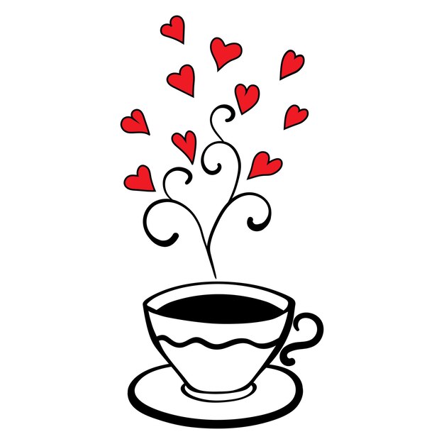 Vettore una tazza di caffè con cuori rossi illustrazione vettoriale di san valentino in doodle design