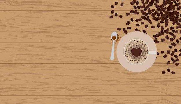 A cup of coffee with a spoon on a wooden table