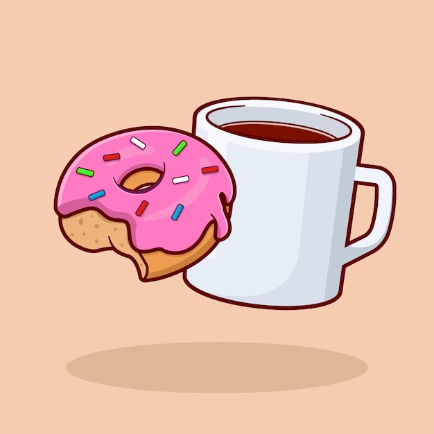 Cup of coffee with a strawberry donut vector illustration