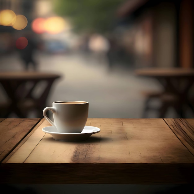 A cup of coffee on a wooden table top blurred background side view