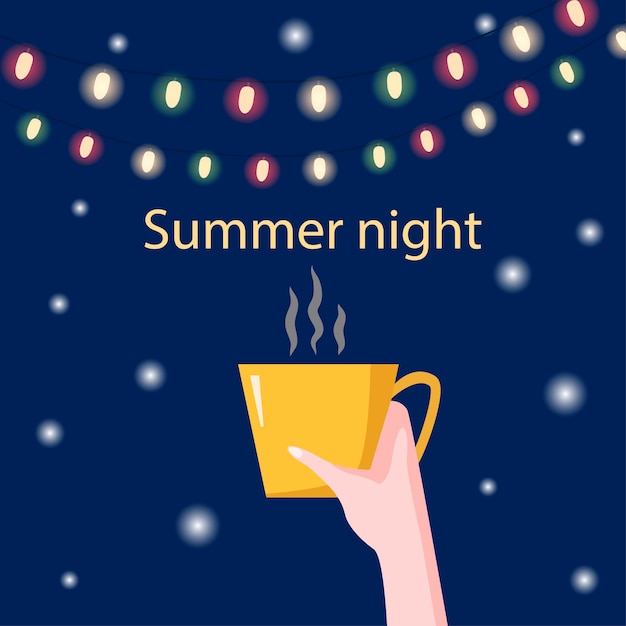 A cup of cozy hot coffee in hand against the background of the night starry sky and colorful lamps Summer night party