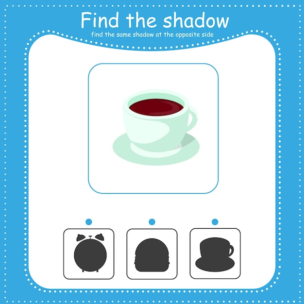 Чашка Найди правильную тень Развивающая игра для детей Мультфильм векторная иллюстрация