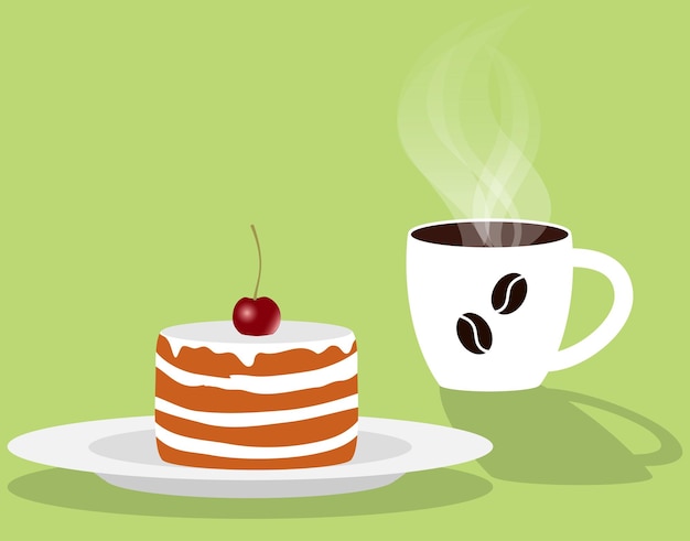 Cup of fragrant steaming coffee and cake with cherry on a saucer Vector illustration in flat style