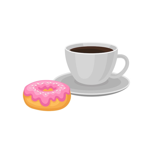 Cup of fresh black coffee and sweet donut with pink glaze and sprinkles Appetizing breakfast Flat vector for menu or poster