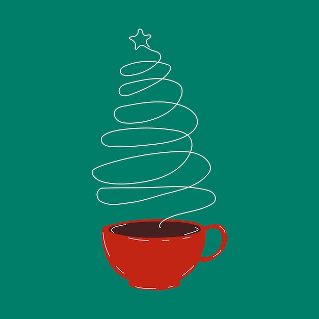 Tazza da cui fuoriesce vapore a forma di albero di natale. vettore